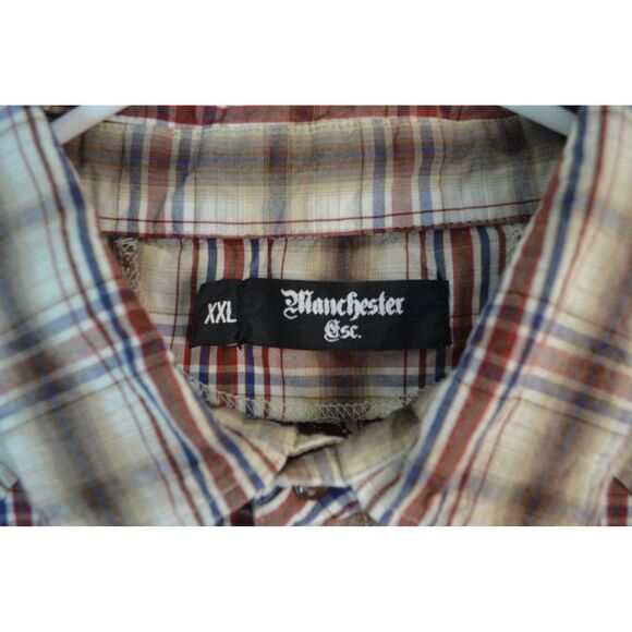 Manchester Men's Large Brown Plaid Embroidered Pearl Snap Western Shirt - Picture 5 of 16